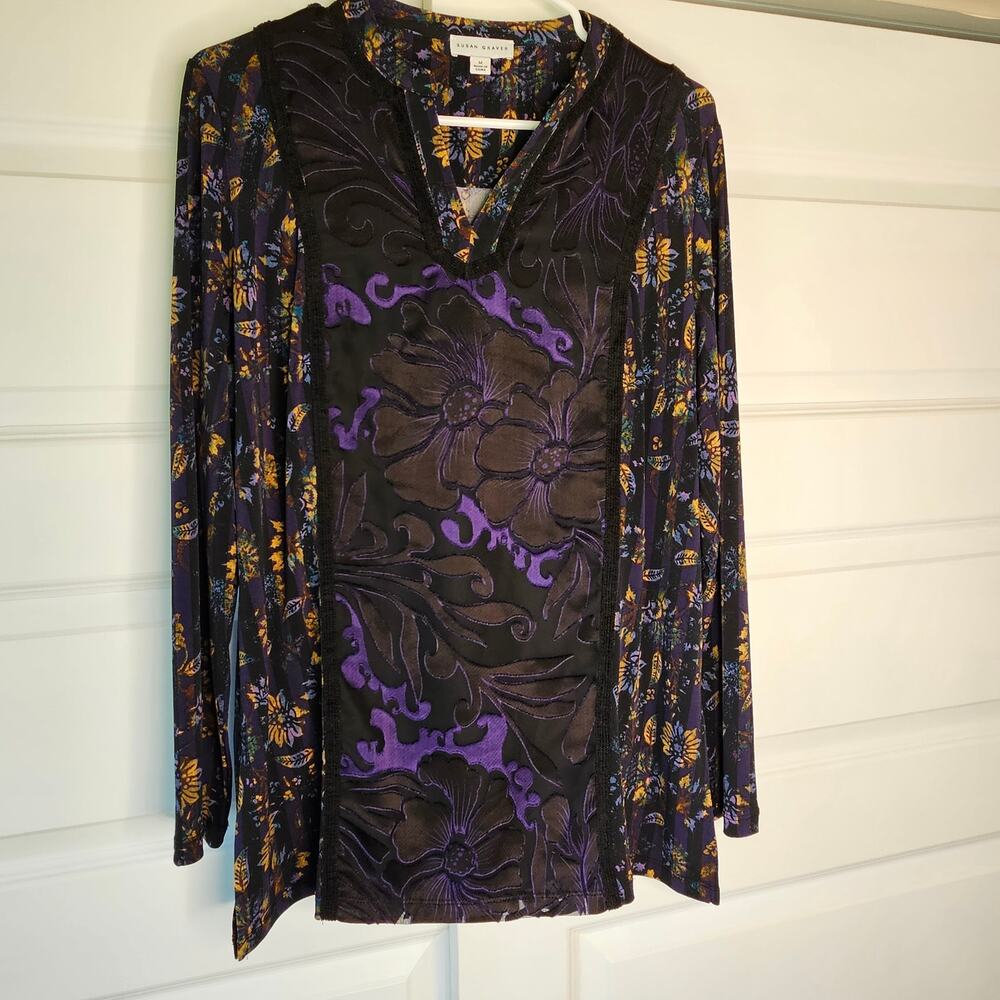 Susan Graver Liquid Knit Whimsygoth Floral Velvet Tunic Top Medium